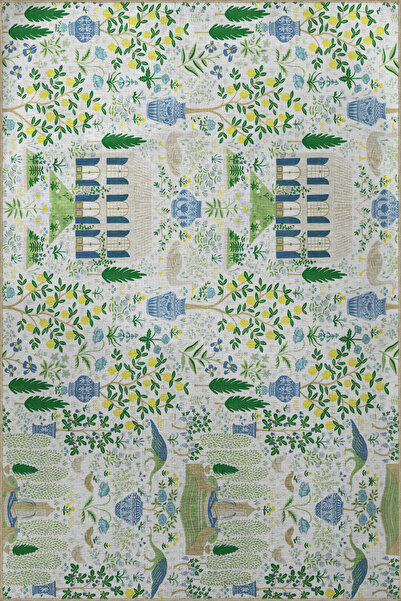 Rugs Modern Halı Açık Ton Çok Renkli Bahçe Tasarım Limon Ağacı ve Ev Desenli ...