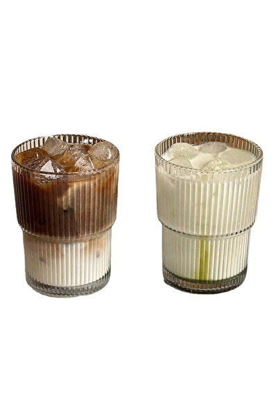 Asil Konsept 2 Adet 280 ml Origami Isıya Dayanıklı Borosilikat Çizgili Desenli Cam Bardak Kahve Çay Sunum Bardağı