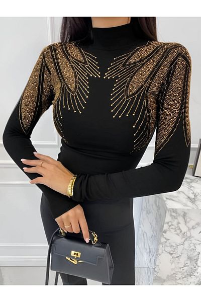 1Moda1Tarz Γυναικεία μπλούζα προσαρμοσμένης σχεδίασης με μαύρο γιακά με εισαγόμενο ύφασμα κατάδυσης