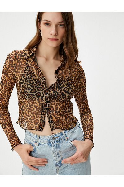 Koton Chiffon-Hemd mit Leopardenmuster, geknöpft, klassischer Kragen, lange Ärmel