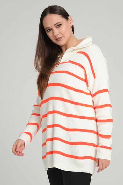 garajmood Pulover tricotat cu dungi portocalii cu gât polo cu fermoar