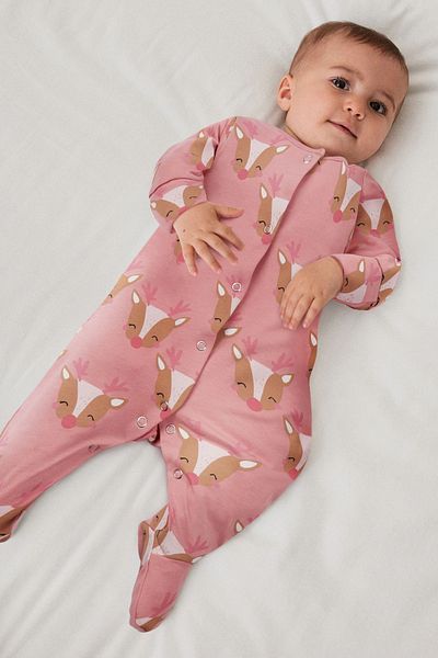 Next Baby 100% Organic Cotton Pink Deer Pattern Jumpsuit