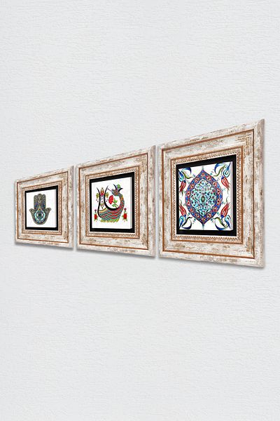 Pinecone Şahmeran, Tile Art, Fatma Mother Hand (Hamsa) Stone Wall Painting Framed Wall Decor Set of 3 Paintings