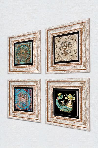 Pinecone Floarea vieții, Şahmeran, Arborele vieţii Pictură pe perete din piatră Decor de perete înrămat Set de picturi din 4 piese Tk4-102