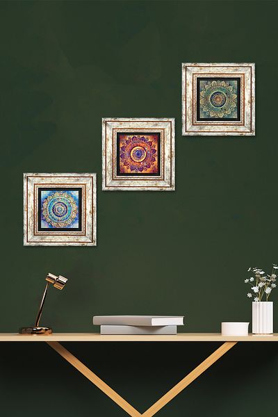 Pinecone Mandala Stone Wall Painting Πλαίσιο Διακόσμηση τοίχου 3 τεμαχίων Σετ ζωγραφικής Wall Art Tk3-36