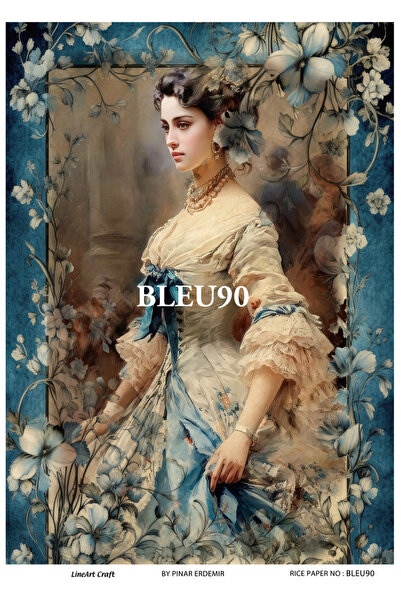 LİNEART BLEU90 Mavi Beyaz, Çini, Yuvarlak Pirinç Dekopaj 30x42