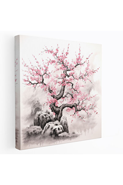 PaintedAnarchy Asya Kanvas Tablo: Geleneksel Japon Mürekkep Boyama Kiraz Çiçe...