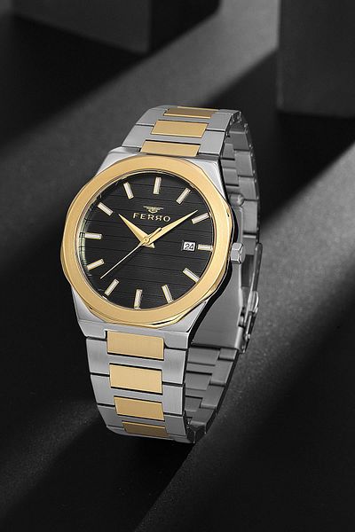 FERRO Men's Silver-Gold Color Inside Green Sport-Classic Calendar Wrist Watch + Bracelet Gift