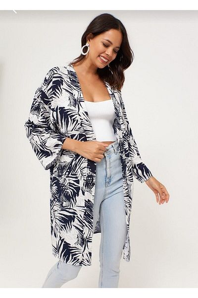 moda periy Women's White Lacivrt Leaf Patterned Patterned Long Kimono