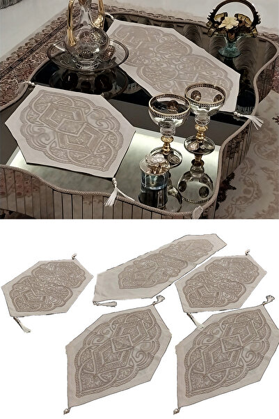 CAMİNHO DA LUA طاولة عداء فاخرة من الكتان والتطريز من Naz مكونة من 5 قطع وغطا...