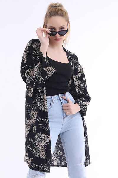 Select Moda Women's Black Patterned Long Kimono