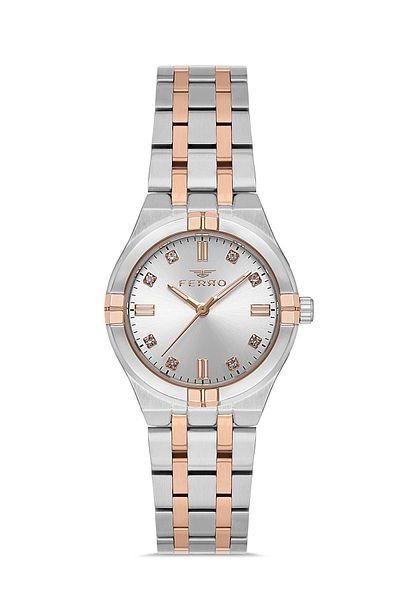 FERRO Women's Silver-Rose Color Stoned Wrist Watch + Bracelet Gift