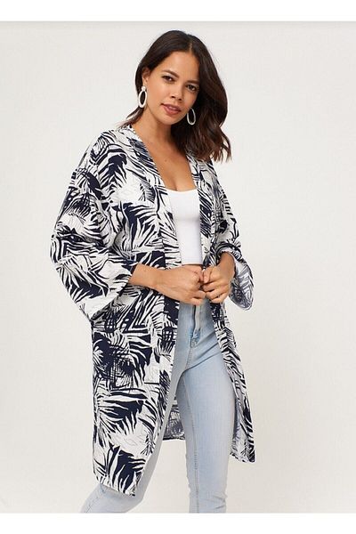 moda periy Women's White Lacivrt Leaf Patterned Patterned Long Kimono