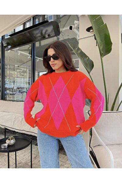 nathia outdoors بلوفر نسائي محبوك فوشيا كبير الحجم بنمط الباكلافا