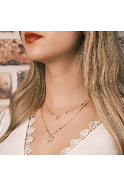 toptanhanem Özel Harf Seçeneğiyle Çift Zincirli Harf Detay Kelebek Gold Kolye...
