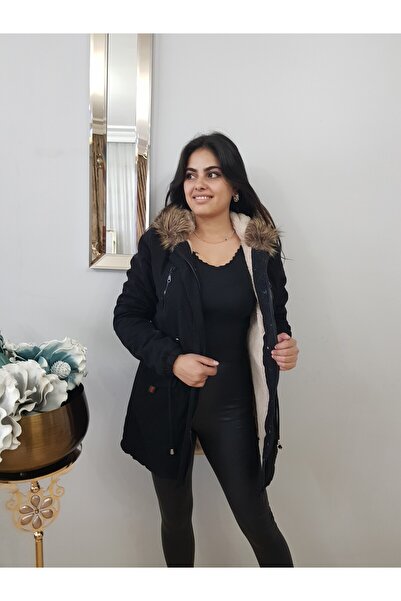 FERGAN KADIN SİYAH KAPUŞONLU İÇİ KÜRK POLARLI YAKA KÜRKLÜ KABAN MONT