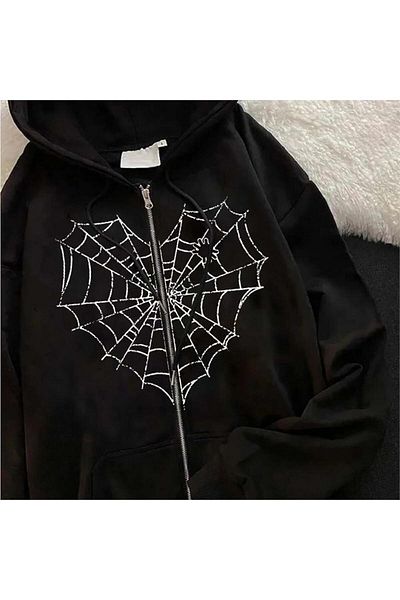 Köstebek Φούτερ Unisex Black Spider Web Heart με λευκή στάμπα με κουκούλα
