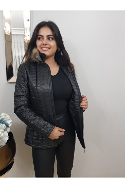 FERGAN Kadın Siyah Kapüşonlu Kapitone Kaban