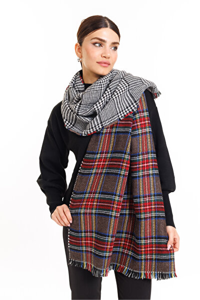 LadyColor Καρό σάλι διπλής όψης με σκωτσέζικο σχέδιο-σάλι ώμου καφέ