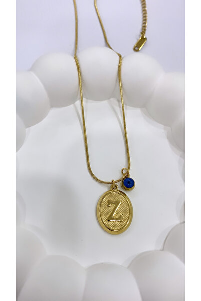 JustGAF Altın / Gold Renk Italyan Zincir Mavi Boncuk Detaylı 40 Cm Z Harfli Ç...