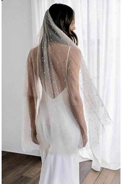 BBA TULLE STORE حجاب من اللؤلؤ الأبيض الفاتح بطول 1 متر مع مشبك من قماش اللؤلؤ