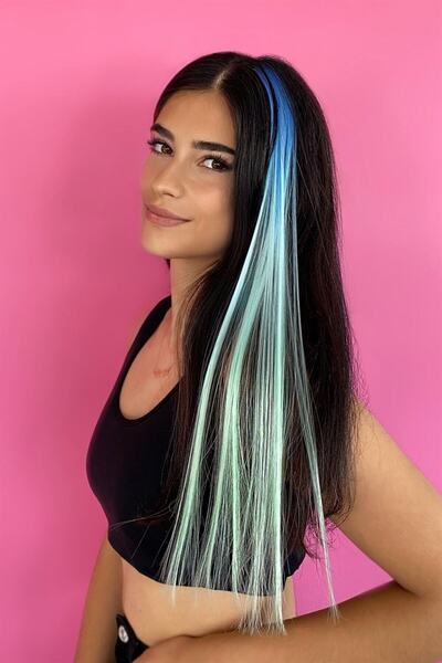TAKIŞTIR Blue - Turquoise - Water Green Ombre Snap Side Hairpiece / 50 cm