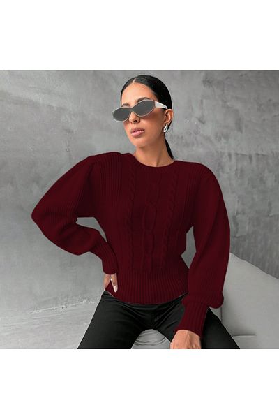 AQE FASHION Pulover de damă cu tricot roșu Claret, împletit cu mânecă prințesă, cu păr
