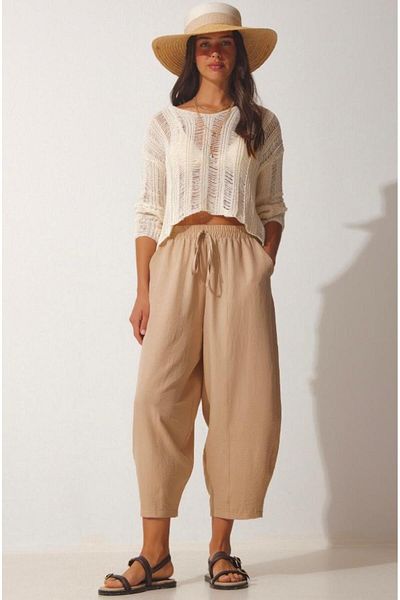 Hersteller Pantaloni Ayrobin Shalwar cu elastic în talie Camel pentru femei