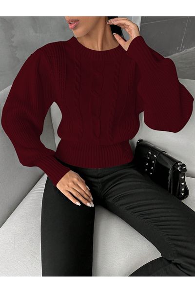AQE FASHION Pulover de damă cu tricot roșu Claret, împletit cu mânecă prințesă, cu păr