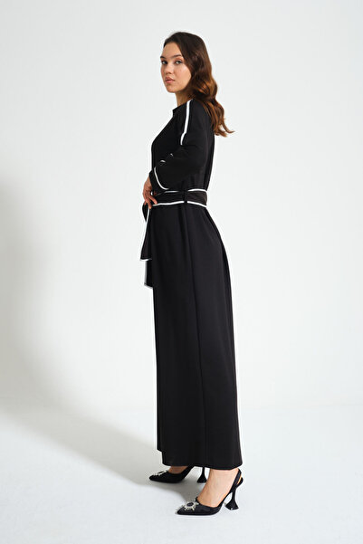 Mizalle Black Dress with Piping and Belt