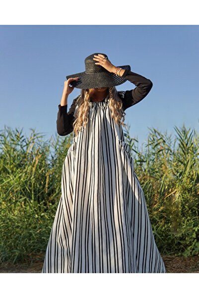 Launes Oversize Pocketed Black and White Striped Gilet/Salopet