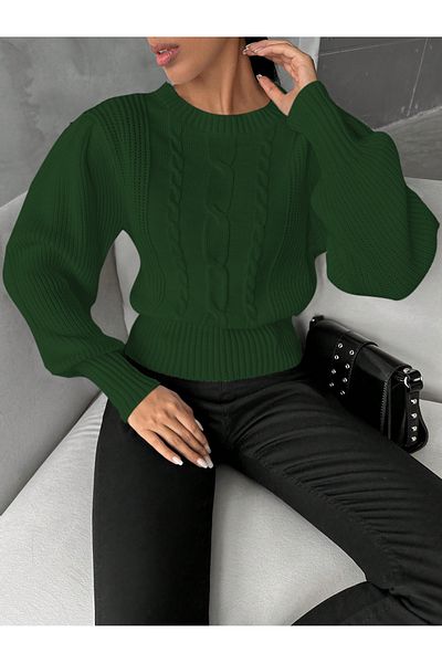 AQE FASHION Pulover de damă cu tricot verde închis, cu mânecă prințesă, împletit din păr