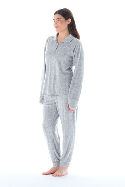 Feyza Pijama Women's Collar Zippered Towel Fabric Pajama Set