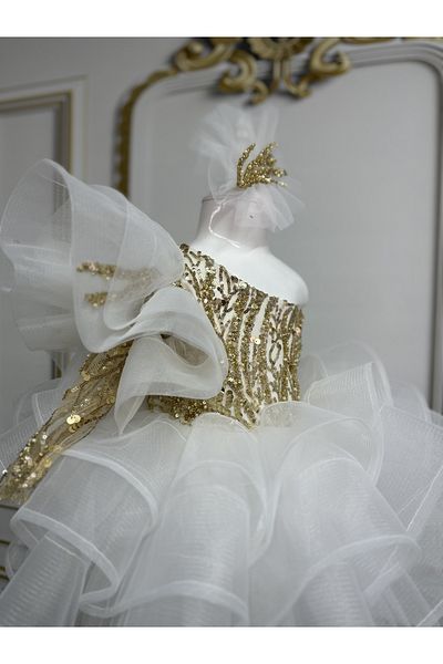 İlknur Karaca Design Rochie de seara pentru ocazii speciale pentru fata cu un singur umar din aur alb