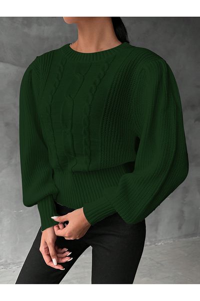 AQE FASHION Pulover de damă cu tricot verde închis, cu mânecă prințesă, împletit din păr