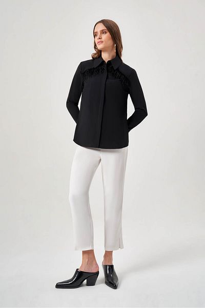 Mizalle Black Shirt with Tassels on the Shoulder