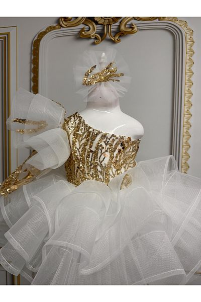 İlknur Karaca Design Rochie de seara pentru ocazii speciale pentru fata cu un singur umar din aur alb