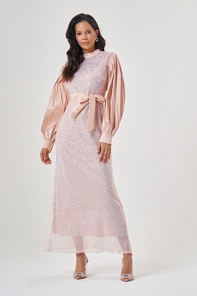 Mizalle Sequin Front Shiny Luxury Powder Dress