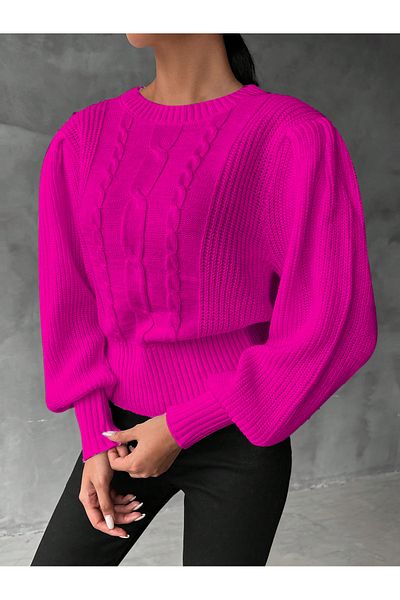 AQE FASHION Pulover tricot fucsia cu mâneci prințesă împletit din păr cu gât turnu