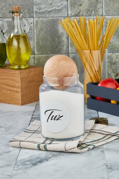 ŞAKİLATA CONCEPT Salt Storage Jar with Wooden Ball Lid 800 Ml Labeled Glass Storage Container