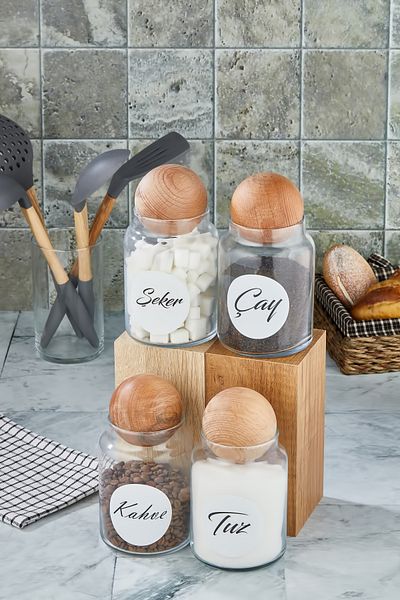 ŞAKİLATA CONCEPT 800 ml Capacity 4-Piece Wooden Ball Glass Jar - Tea Sugar Coffee Salt Storage Set
