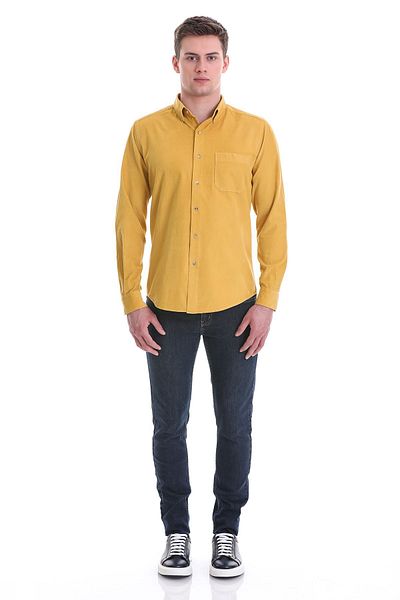 Hatemoğlu Μακρυμάνικο κλασικό πουκάμισο Mustard Slim Fit Μασίφ 100% βαμβακερό γιακά με κουμπιά