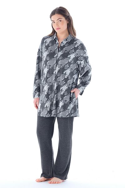 Feyza Pijama Set de pijamale pentru femei, cu nasturi în față, cu guler, cu model picioare de corb