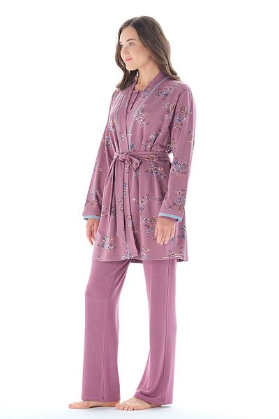 Feyza Pijama Γυναικείο σετ πιτζάμες 3 τεμαχίων με κλασικό σχέδιο λουλουδιών με γιακά και ζώνη μέσης