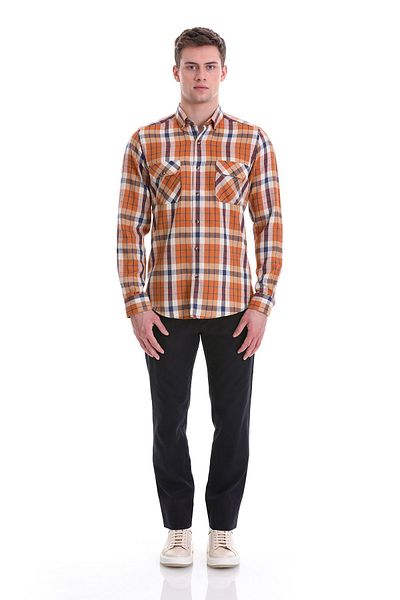 Hatemoğlu Πορτοκαλί Slim Fit καρό 100% βαμβακερό γιακά με κουμπιά μακρυμάνικο casual πουκάμισο