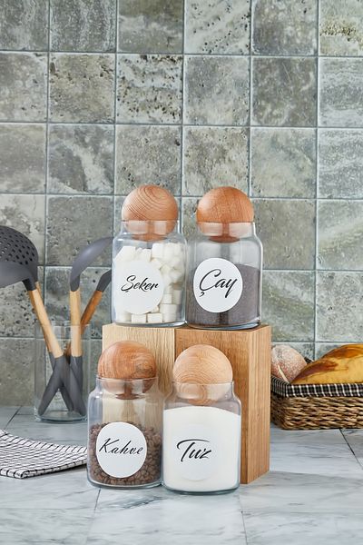 ŞAKİLATA CONCEPT 800 ml Capacity 4-Piece Wooden Ball Glass Jar - Tea Sugar Coffee Salt Storage Set