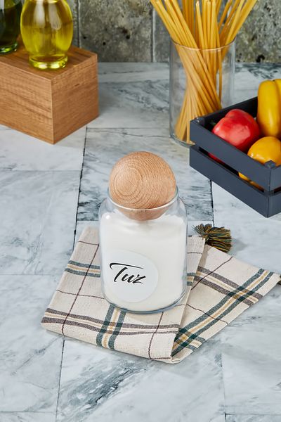 ŞAKİLATA CONCEPT Salt Storage Jar with Wooden Ball Lid 800 Ml Labeled Glass Storage Container