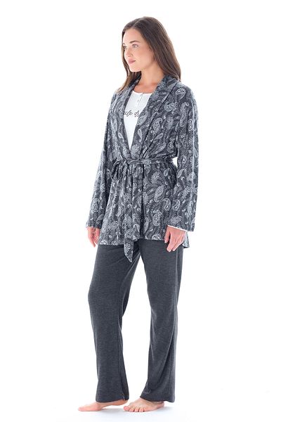Feyza Pijama Women's Buttoned Collar Waist Tie Shawl Pattern Jacquard 3-Piece Pajamas Set