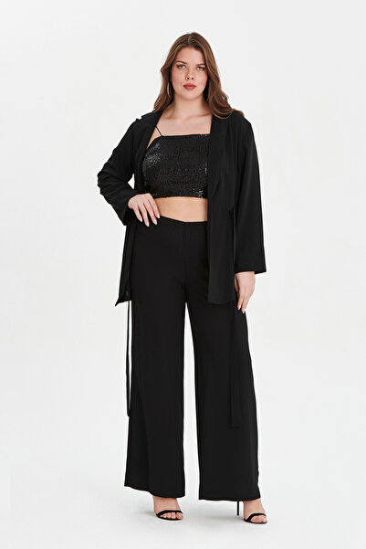 EVEN plus size Siyah Krep Ceket Pantolon Büyük Beden Abiye Takım