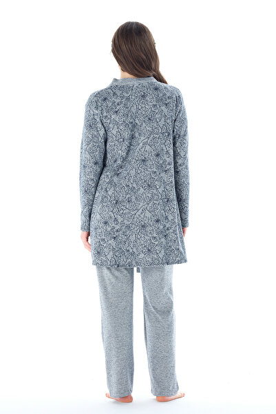 Feyza Pijama Kadın Yakası Düğmeli Çicek Desenli Jakarlı 3'lü Pijama Takımı